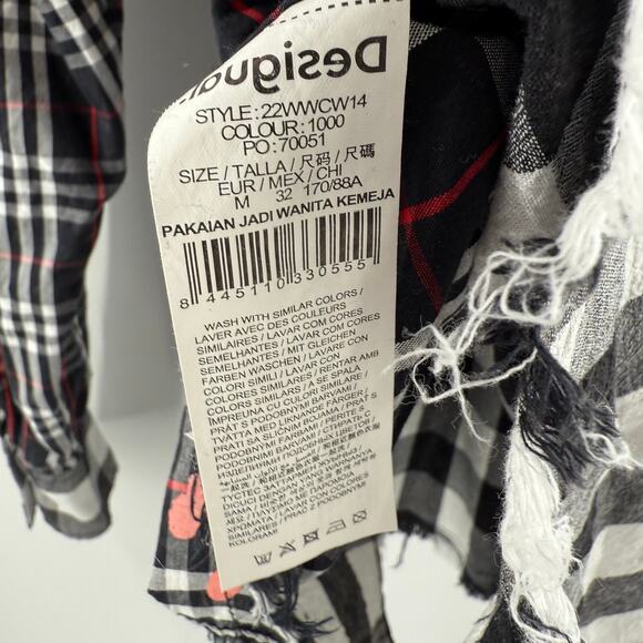 Desigual Shirt Women's Size Medium 'Vive' Patchwork Plaid Long Sleeve Cotton B&W - Picture 13 of 16